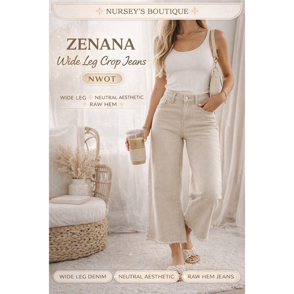 Zenana Beige Wide Leg Jeans Raw Hem Cropped Stretch Denim S NWOT